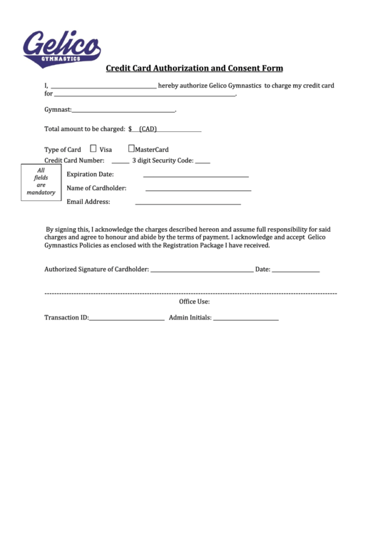 Credit Card Authorization And Consent Form Printable pdf