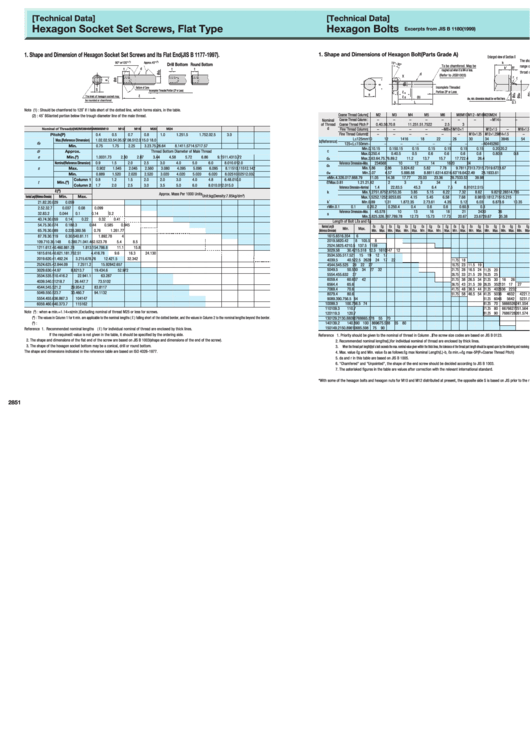 Hexagon Socket Set Screws, Flat Type/hexagon Bolts Size Chart Printable pdf