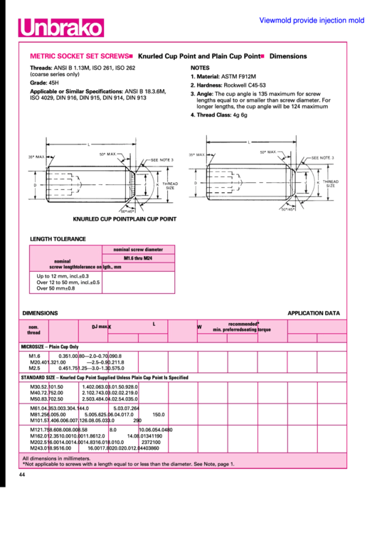 Unbrako Metric Socket Set Screws Dimensions Chart Printable pdf