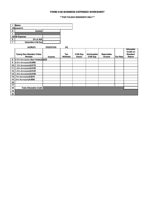 Form 2106 Business Expenses Worksheet - City Of Toledo Printable pdf