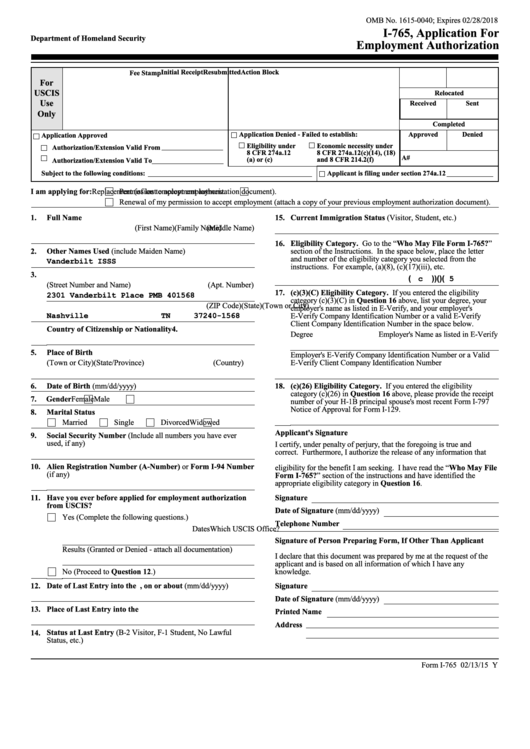 Fillable Uscis Form I-765 - Application For Employment Authorization Printable pdf