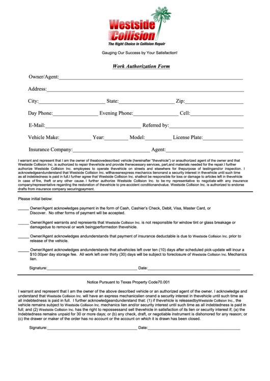 Work Authorization Form Owner/agent - Westside Collision