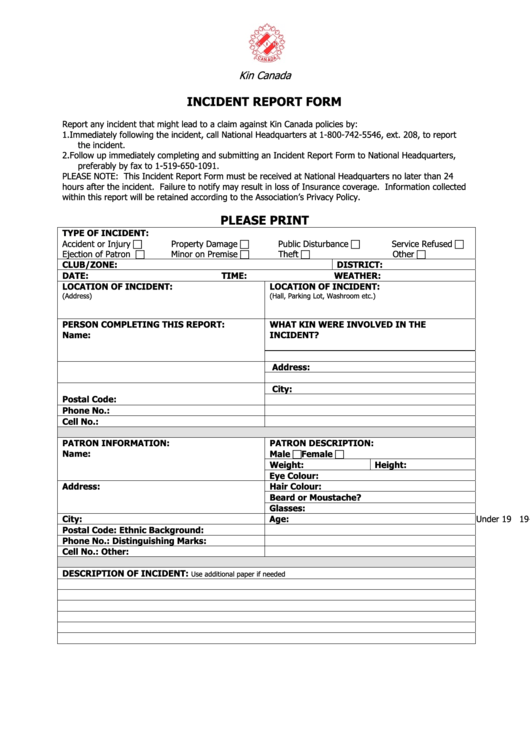 Incident Report Form Please Print - Kin Canada Printable pdf