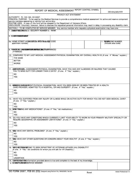 Fillable Dd Form 2697 - Report Of Medical Assessment Printable pdf