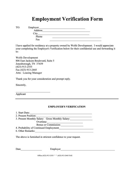 Fillable Employment Verification Form - Wolfe Development Printable pdf