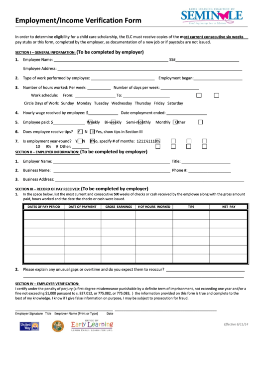 Employment Verification Form - Early Learning Coalition Of Seminole Printable pdf