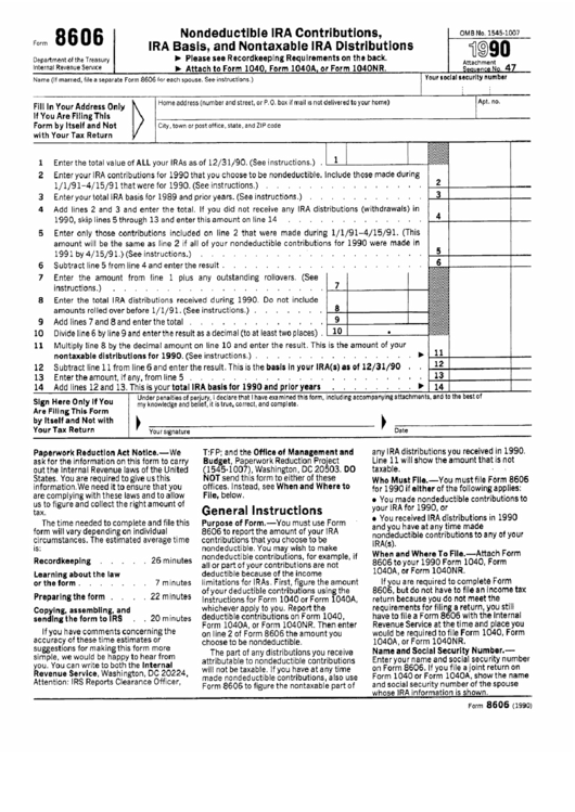Form 8606 - Nondeductible Ira Contributions, Ira Basis, And Nontaxable Ira Distributions - 1990 Printable pdf