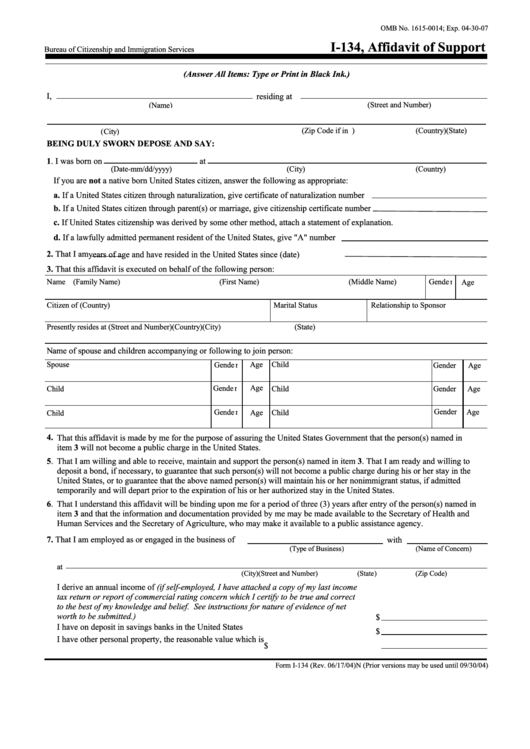 I-134, Affidavit Of Support - Nice Printable pdf