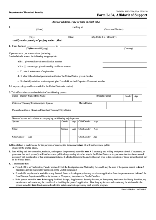 Fillable Form I-134, Affidavit Of Support Printable pdf