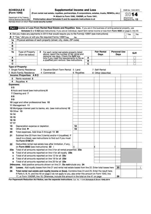 Fillable Schedule E (Form 1040) - Supplemental Income And Loss - 2014 Printable pdf