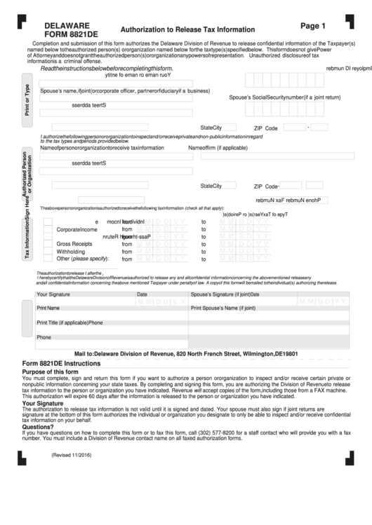 Fillable Delaware Page 1 Form 8821de - Division Of Revenue Printable pdf