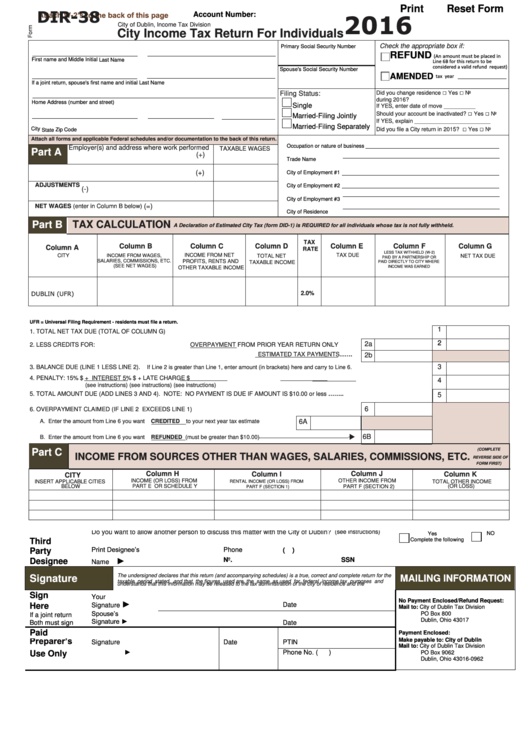 Fillable Form Dir-38 - City Income Tax Return For Individuals - 2016 Printable pdf