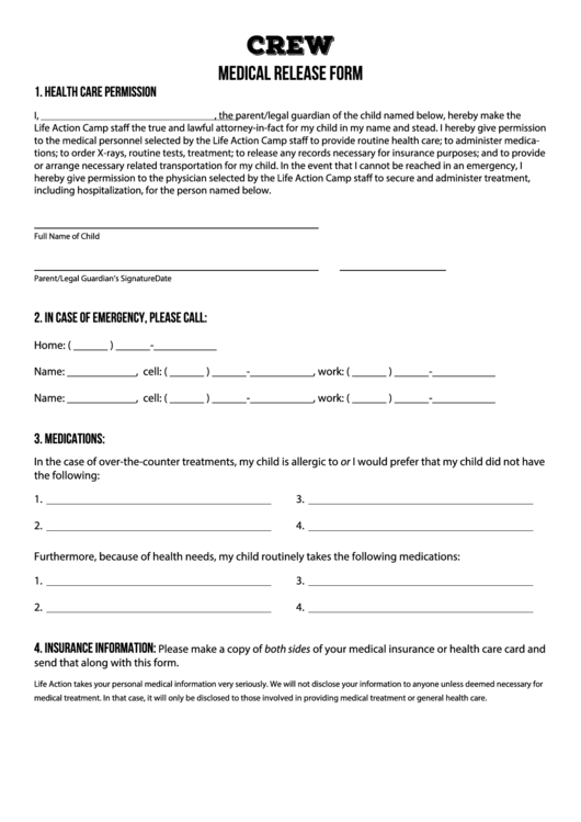 Fillable Medical Release Form - Life Action Camp Printable pdf