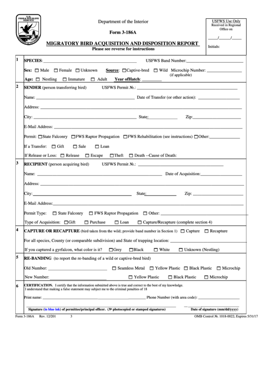 Fillable U.s. Fish And Wildlife Service Form 3-186a Printable pdf
