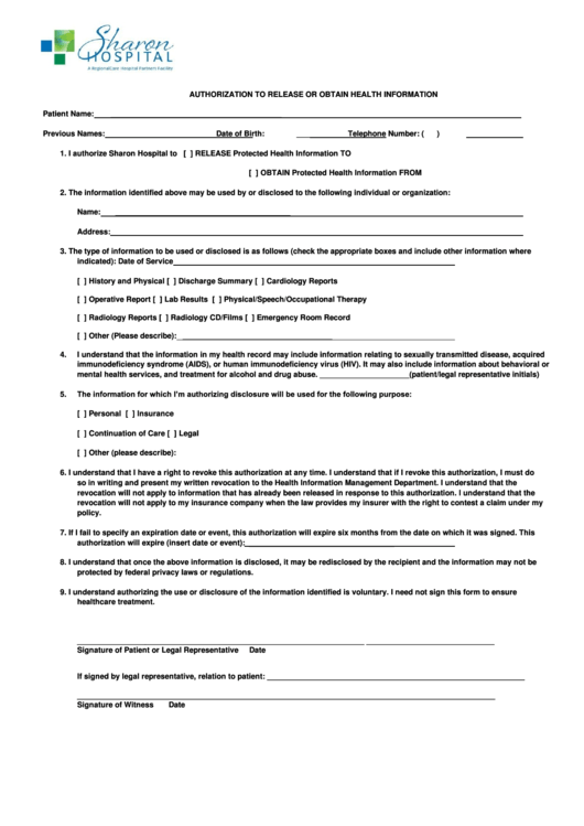 Authorization Form To Release Medical Records - Sharon Hospital Printable pdf