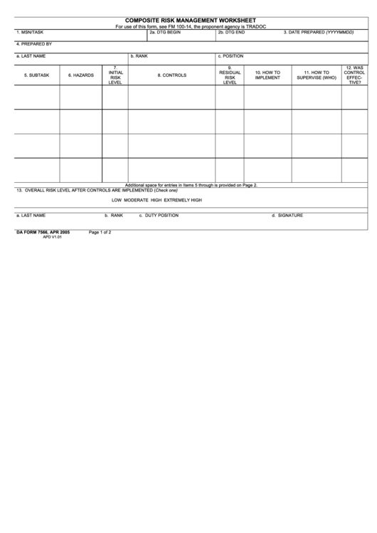 Fillable Form Da 7566 - Composite Risk Management Worksheet Printable pdf