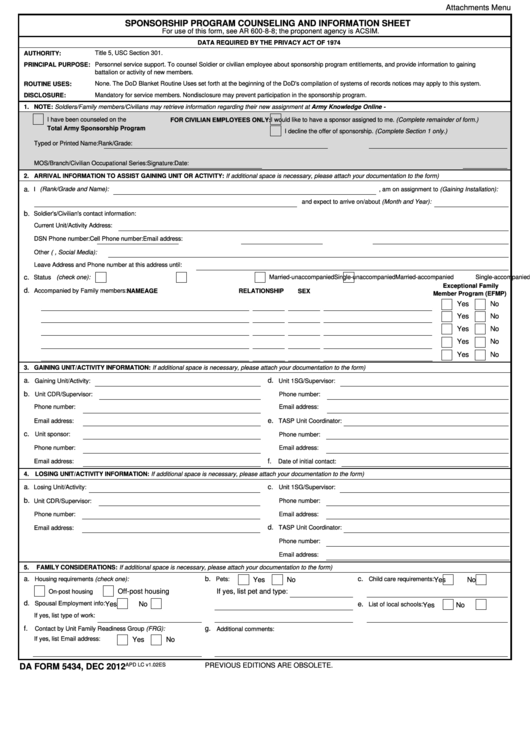 Fillable Da Form 5434 - Sponsorship Program Counseling And Information Sheet Printable pdf