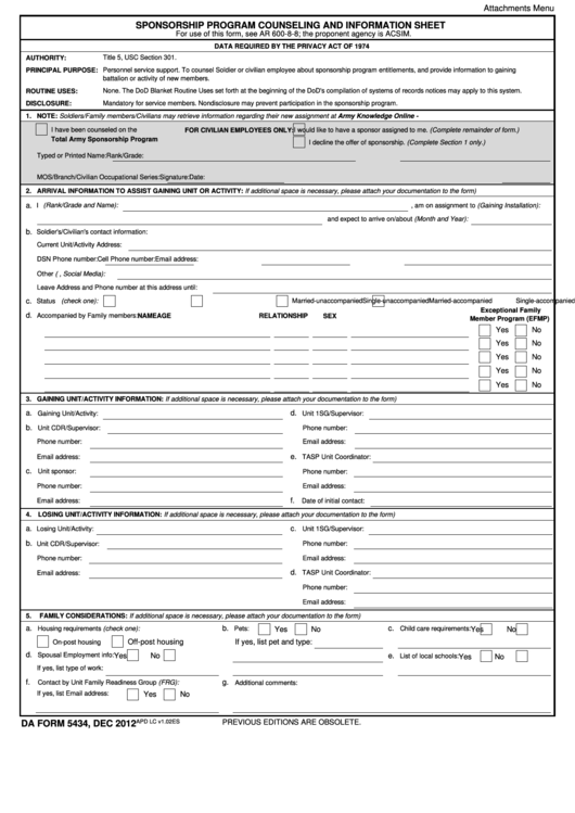 Da Form 5434 - Sponsorship Program Counseling And Information Sheet