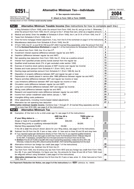 Fillable Form 6251 - Alternative Minimum Tax - Individuals Printable pdf