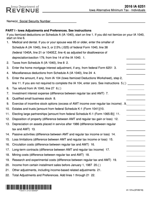 Fillable Form Ia 6251 - Iowa Alternative Minimum Tax - Individuals - 2016 Printable pdf