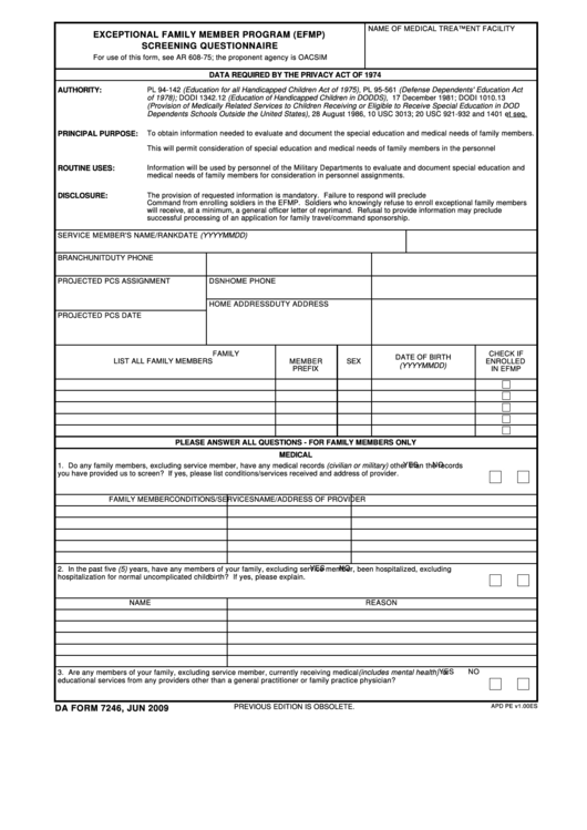 Da Form 7246 - Exceptional Family Member Program (efmp) Screening Questionnaire