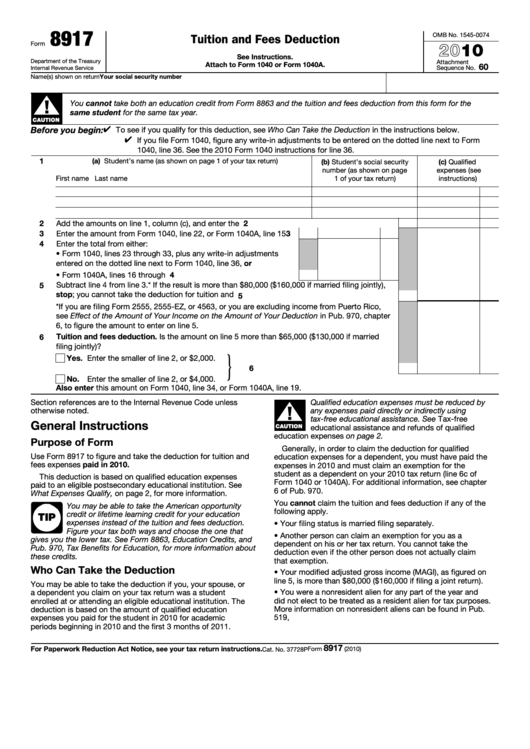 Fillable Form 8917 - Tuition And Fees Deduction Printable pdf