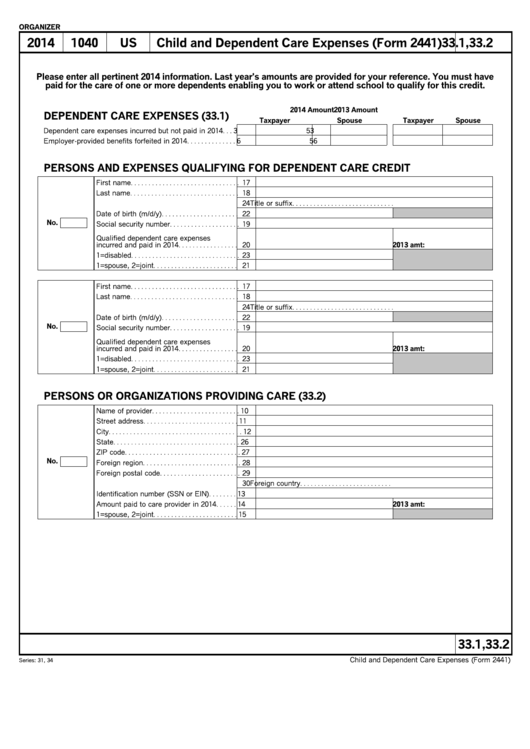 Child And Dependent Care Expenses (Form 2441) Printable pdf