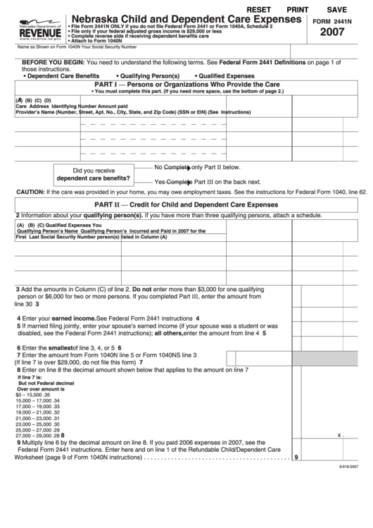 Fillable Form 2441n - Nebraska Child And Dependent Care Expenses Printable pdf