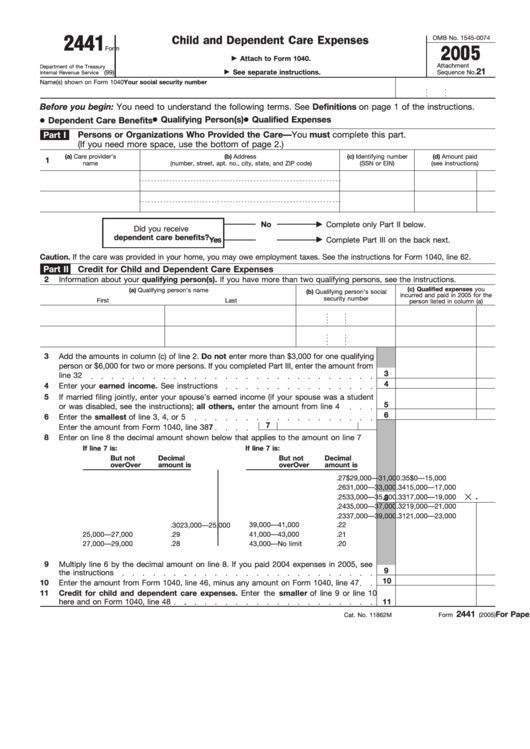 Fillable Form 2441 - Child And Dependent Care Expenses Printable pdf