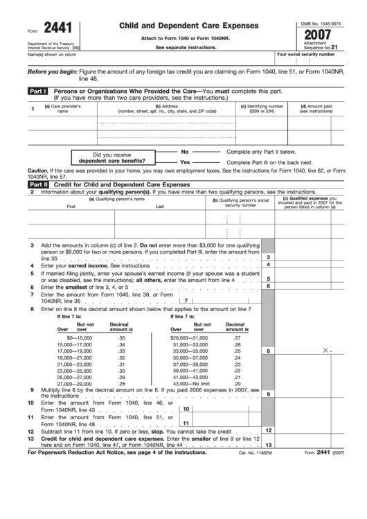 Fillable Form 2441 - Child And Dependent Care Expenses Printable pdf