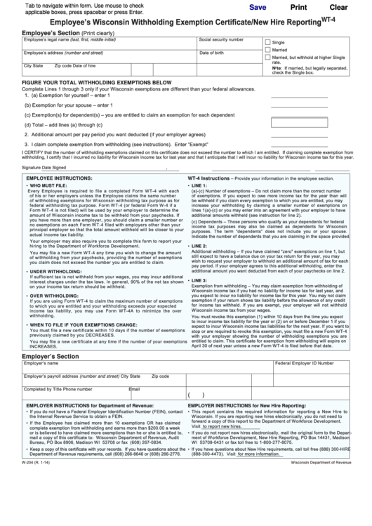 Fillable Form Wt-4 - Wisconsin Department Of Revenue Printable pdf