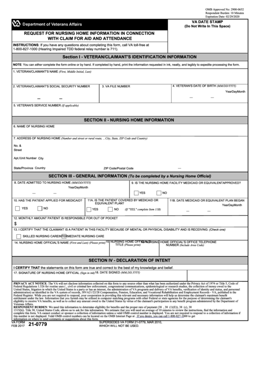 Fillable Va Form 21-0779 - Request For Nursing Home Information In Connection With Claim For Aid And Attendance - 2017 Printable pdf