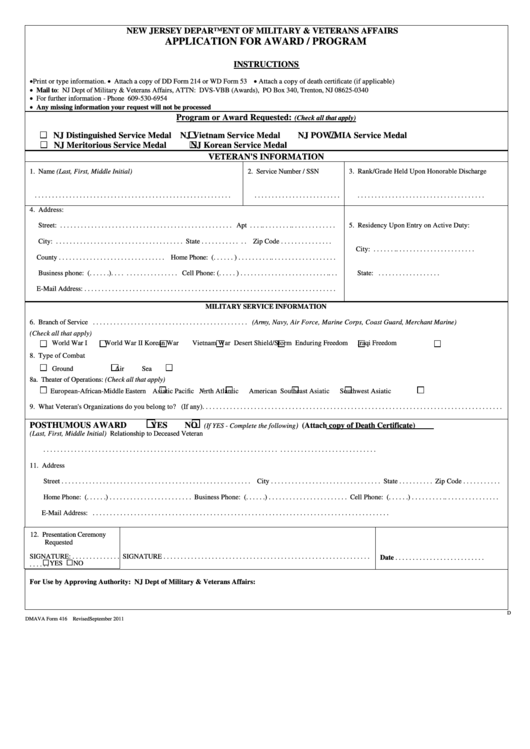 Application For Award / Program - State Of New Jersey Printable pdf