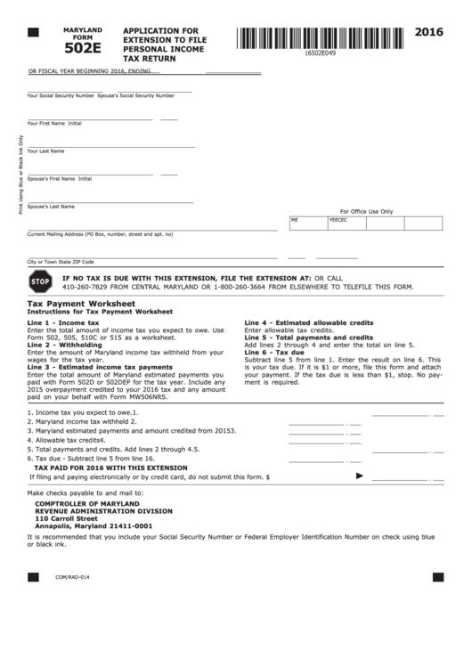 502e - Maryland Tax Forms And Instructions Printable pdf