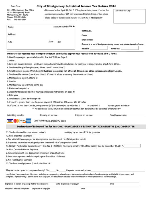 Fillable Individual Income Tax Return Form - City Of Montgomery - 2016 Printable pdf