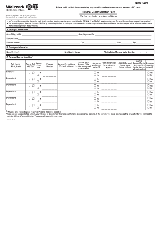 Fillable Form 5414 - Personal Doctor Selection Form Printable pdf