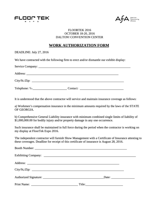 Work Authorization Form - Floor Tek Printable pdf