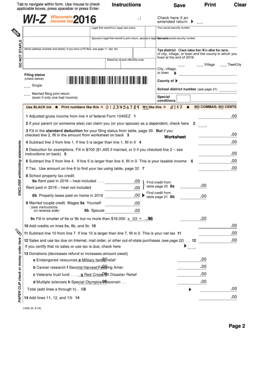 Fillable Form Wi-Z - Wisconsin Income Tax - 2016 printable pdf download
