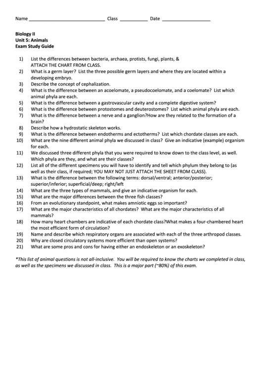 Biology Ii Unit 5: Animals Exam Study Guide 1 - Republic School District Printable pdf