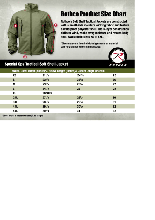 Rothco Special Ops Tactical Soft Shell Jacket Size Chart Printable pdf