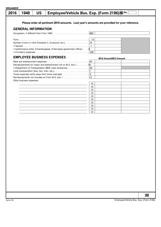 Organizer 30, Form 2106 - 2016 Printable pdf