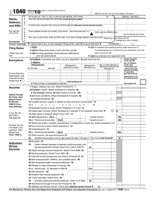 Fillable Form 1040 - U.s. Individual Income Tax Return - 2010 Printable pdf