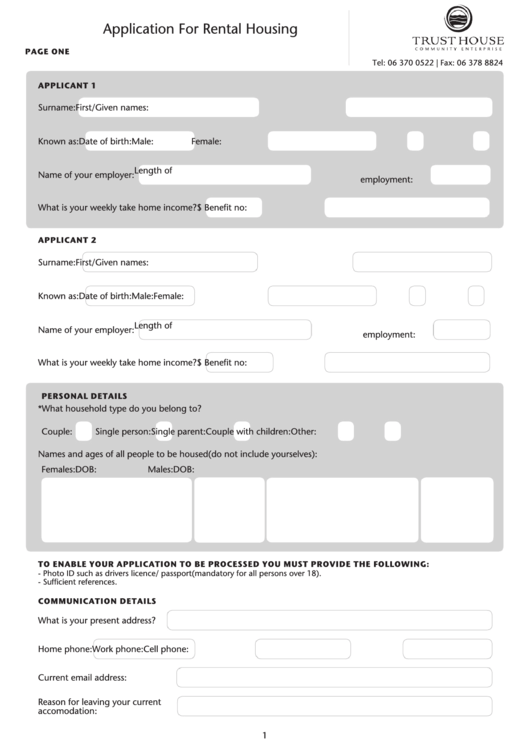 Rental Housing Application Form - Trust House Printable pdf