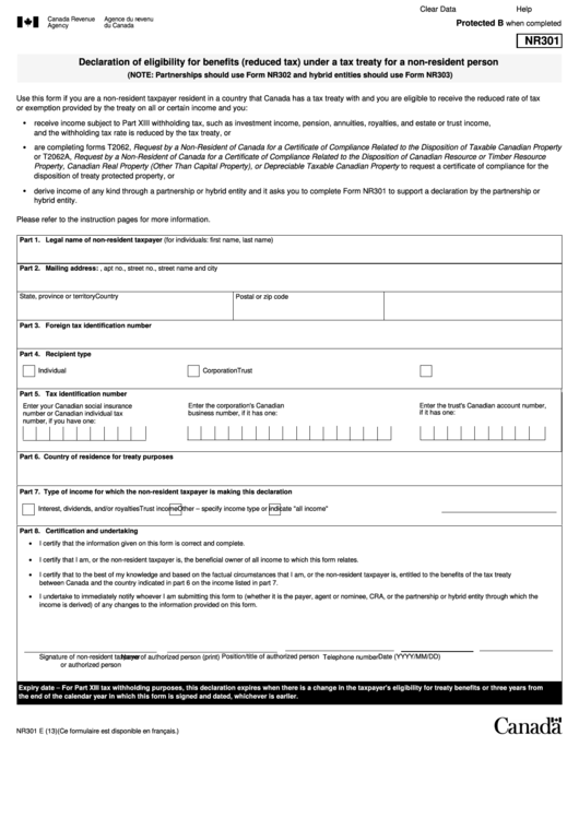 Fillable Nr301, 2013, Declaration Of Eligibility For Benefits (Reduced ...