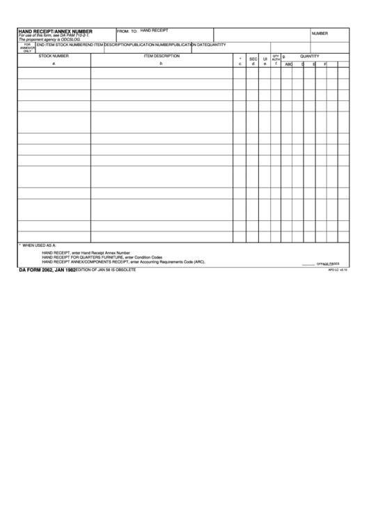 Fillable Da Form 2062 Hand Receipt/annex Number, Jan 82 printable pdf