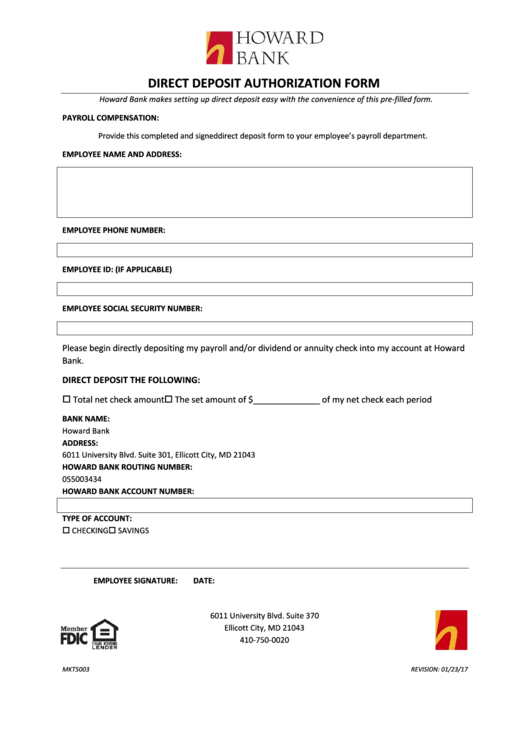 Direct Deposit Authorization Form - Howard Bank Printable pdf