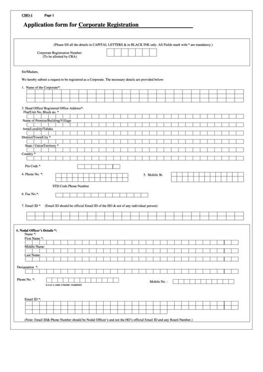 Form Cho-1 - Application Form For Corporate Registration Printable pdf