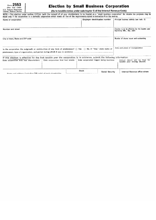 Form 2553 - Election By Small Business Corporation Printable pdf