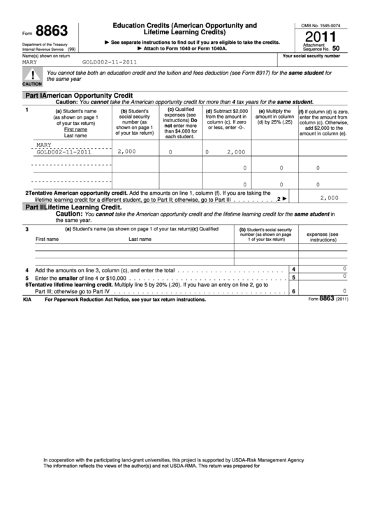 Sample Form 8863 - Education Credits (American Opportunity And Lifetime Learning Credits) - 2011 Printable pdf