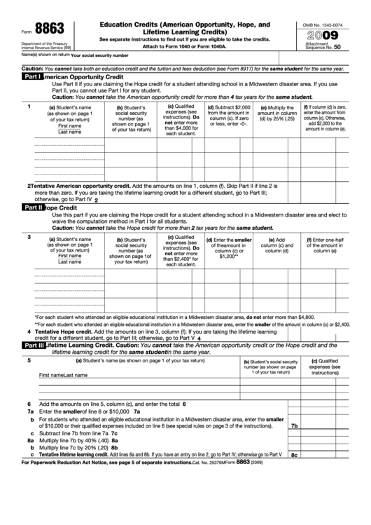 Fillable Form 8863 - Education Credits (American Opportunity, Hope, And Lifetime Learning Credits) - 2009 Printable pdf